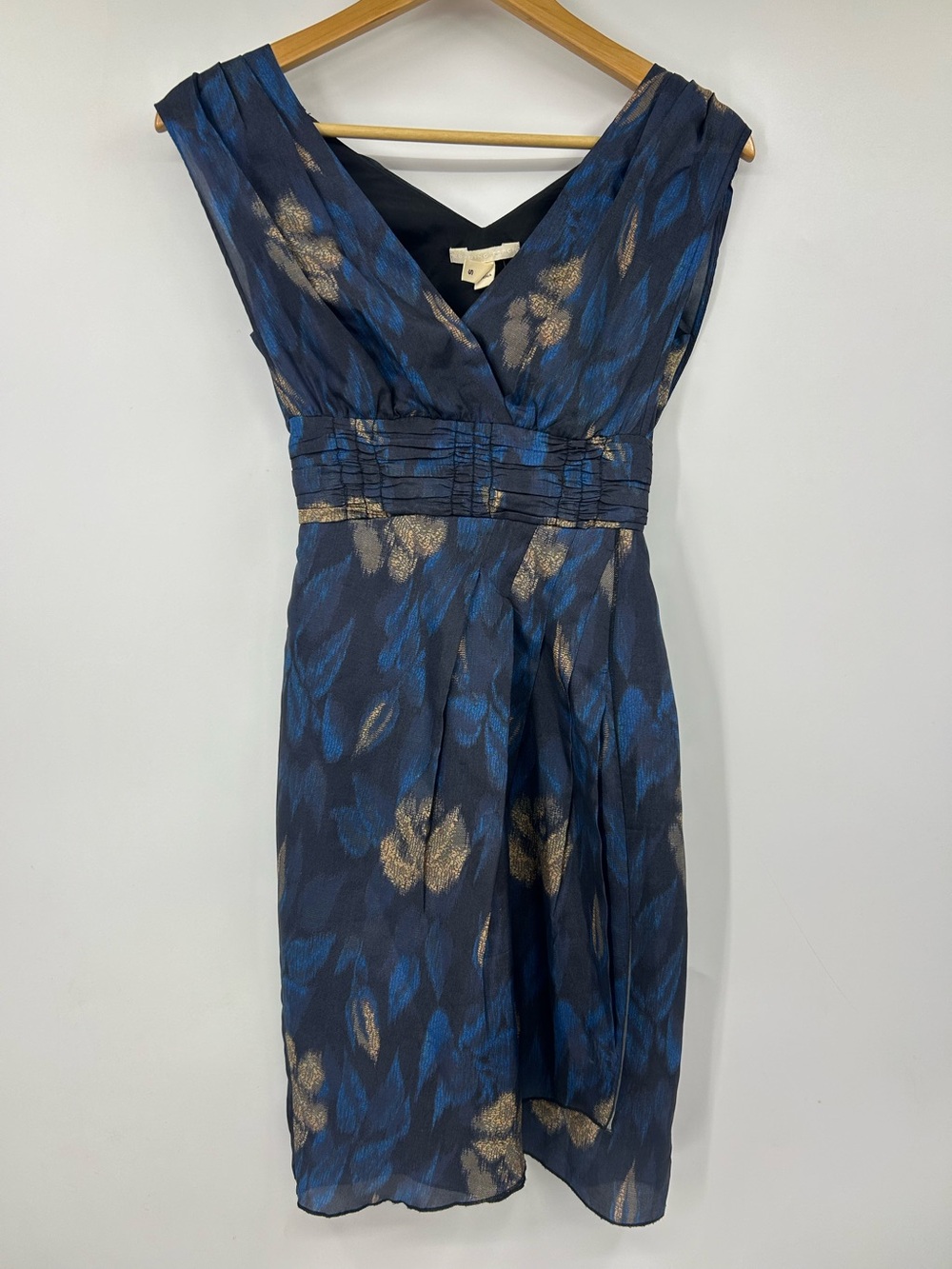 Burning Torch Silk Dress Blue Gold Sleeveless Floral Fit Flare‎ Size S